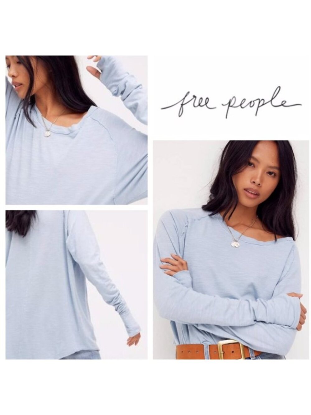 Free People We the Free Arden Tee Size M Rain Light Blue 100% Cotton Longline - Picture 3 of 16